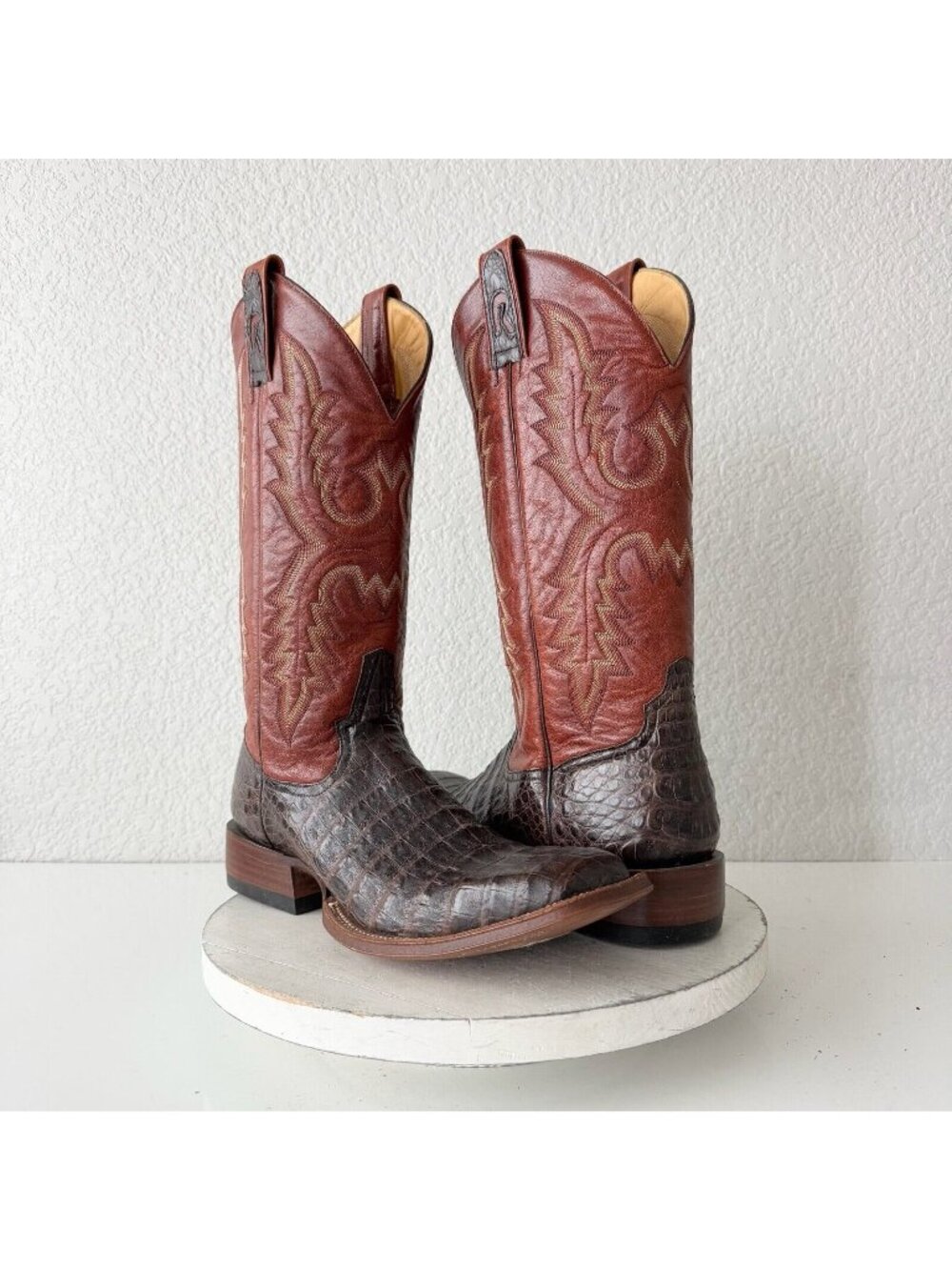 Rod Patrick Mens Cowboy Boots Western Square Toe Brown Caiman Leather Sz 12.5AA